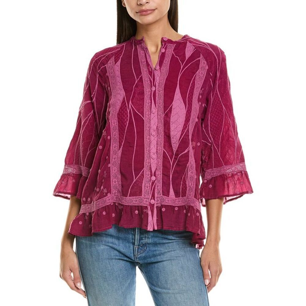 Johnny Was Small Chamylla Blouse Purple Button Front Wine Rose Lace Boho